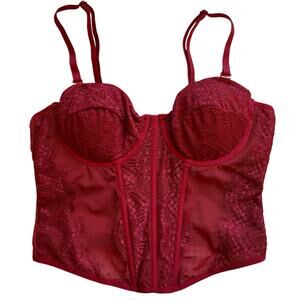 Faded Rose Sexy Romantic Deep Red Lace Classic Ribbed Corset Bustier Top Small